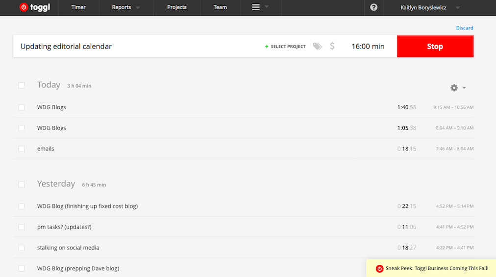 Toggl, one of our project management service recommdations