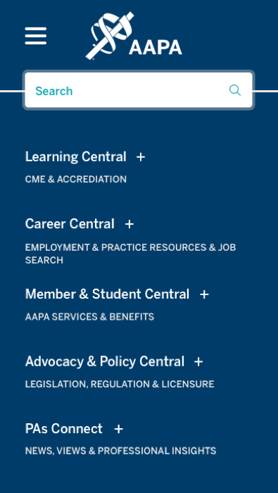 American Academy of Physician Assistants mobile search mockup