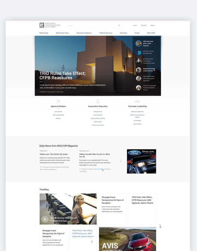 Association web design example featuring the National Association of Realtors website, developed by WDG.
