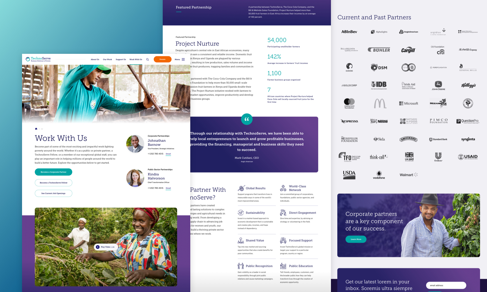 TechnoServe's flex layouts featuring projects and partnerships.