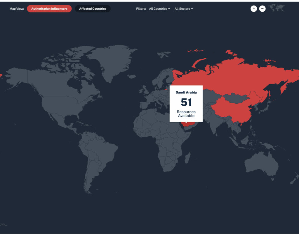 amCharts map integration interface with highlighted country locations for sharp power and national endowment for democracy ned