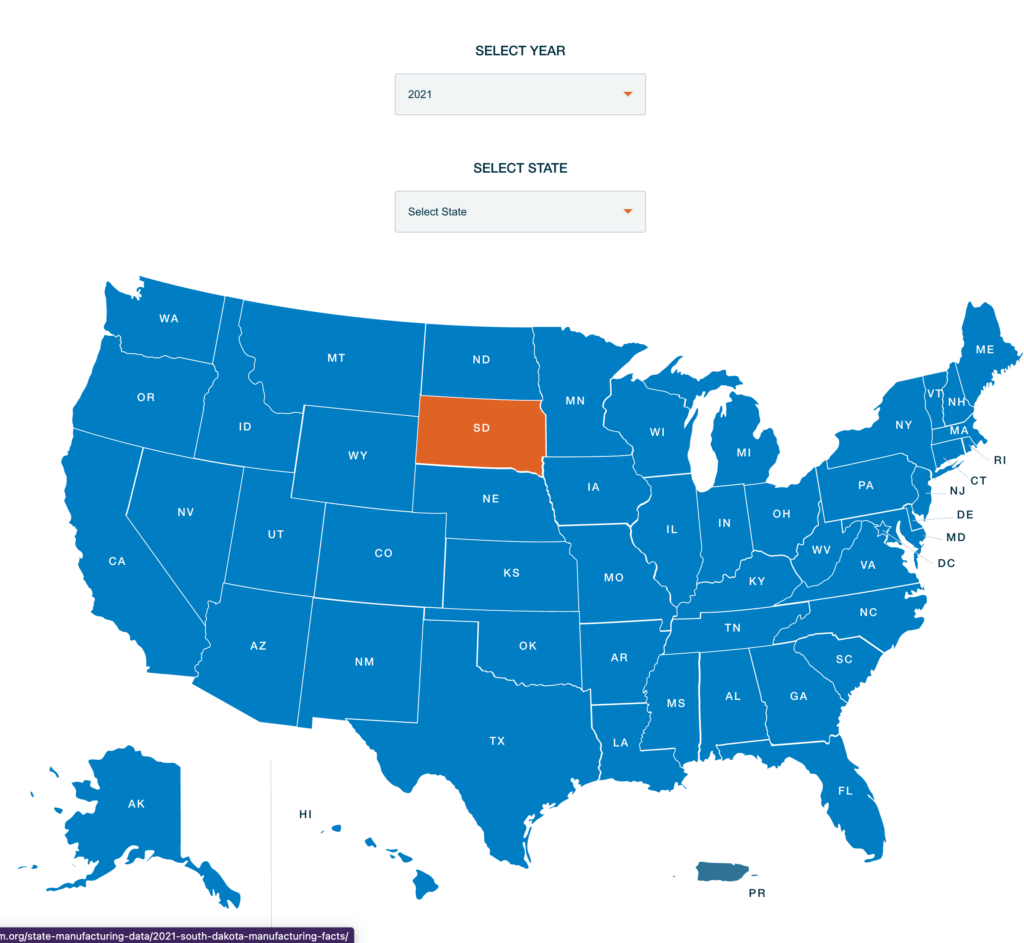 Custom map integration interface with year and state selector dropdowns for the national association of manufacturers nam