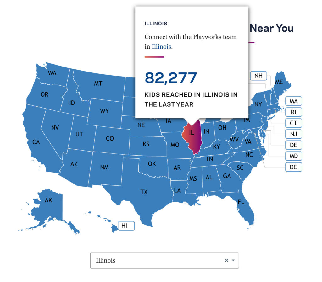 Custom map integration interface for Playworks with US state pop up information 