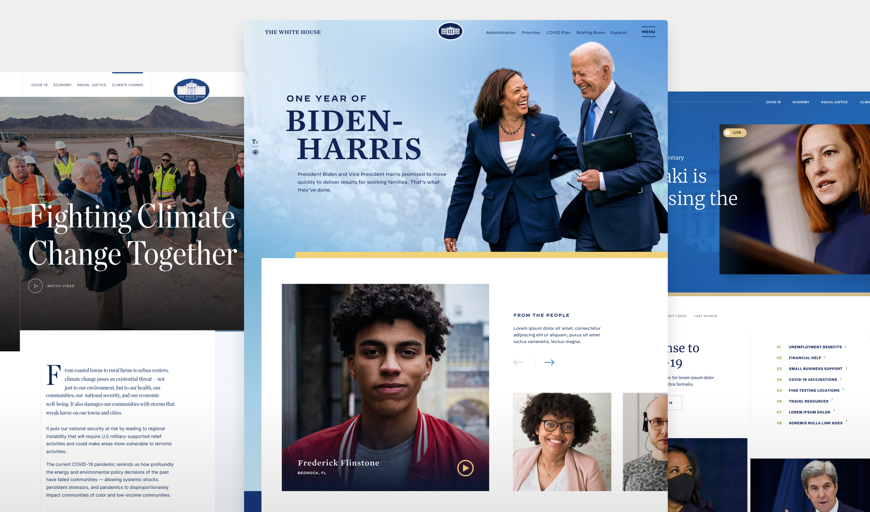 Details from different aspects of the Biden White House website experience