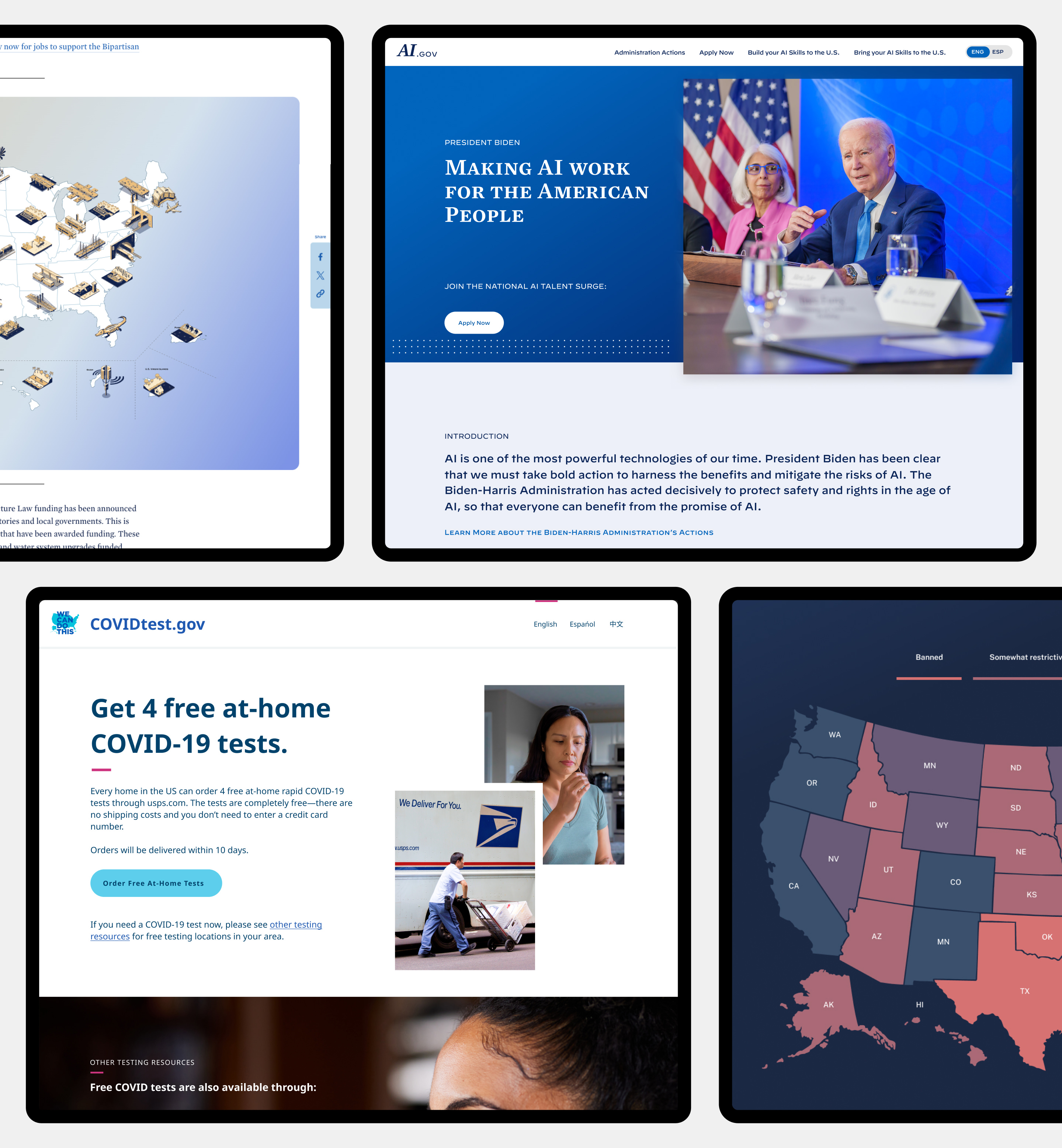 UI design details from AI.gov, COVIDtest.gov, Invest.gov and other presidential initiative websites